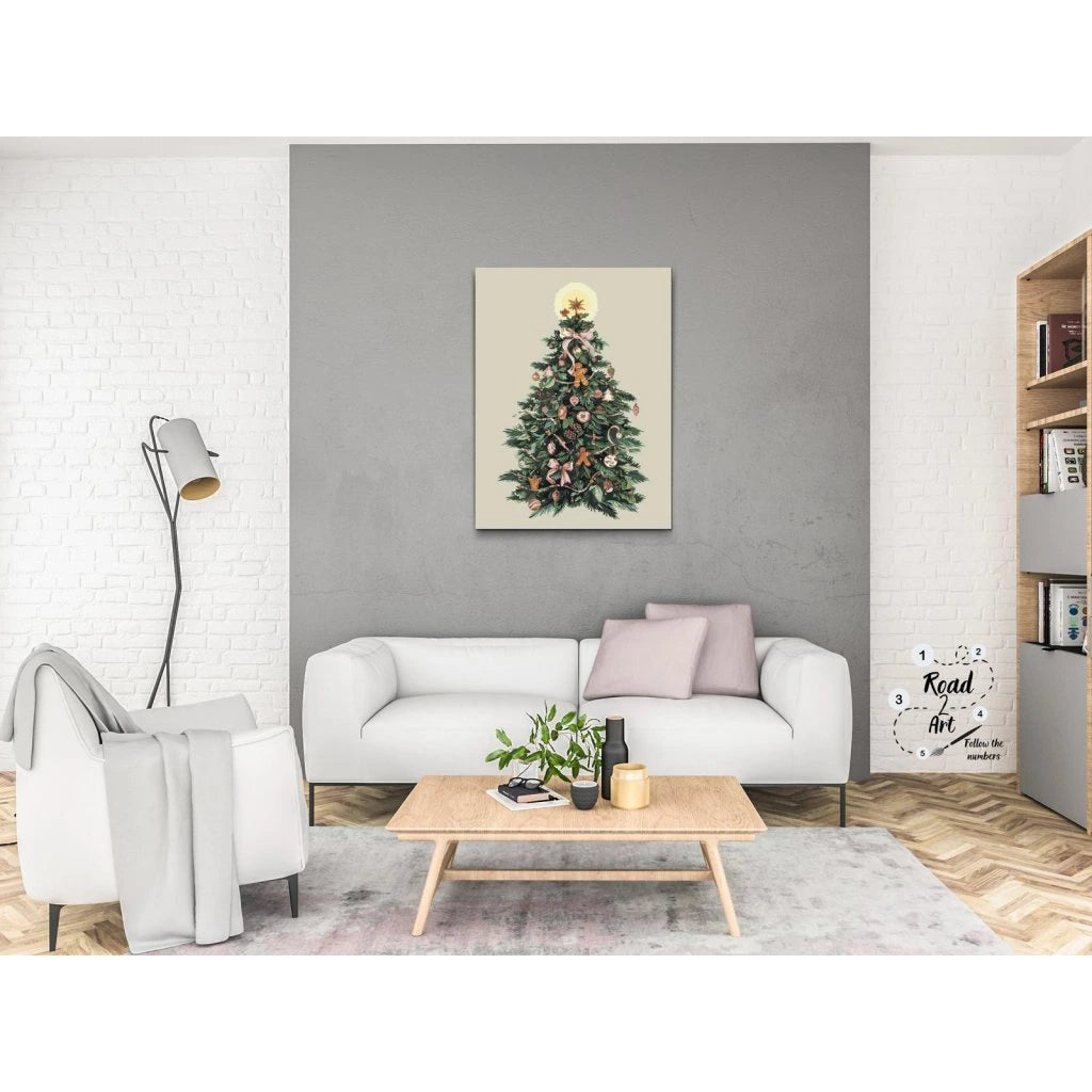 Paint by numbers christmas tree with ornaments in soft tones