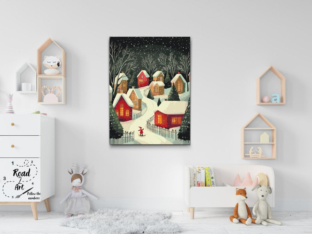 paint by numbers vinterby med huse træer og snefnug