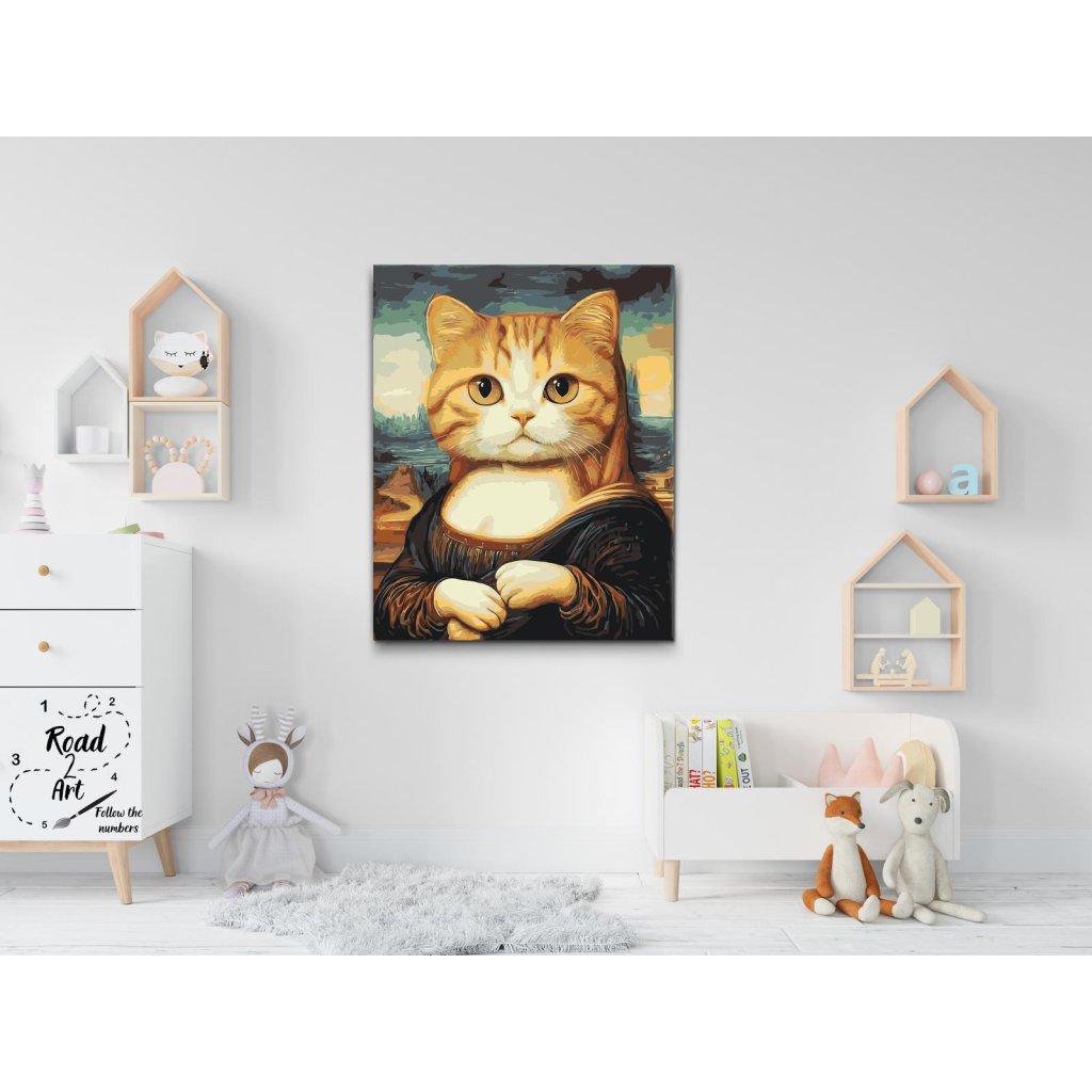 Maleftertal motiv af en kat portrætteret som Mona Lisa i klassisk maleri stil