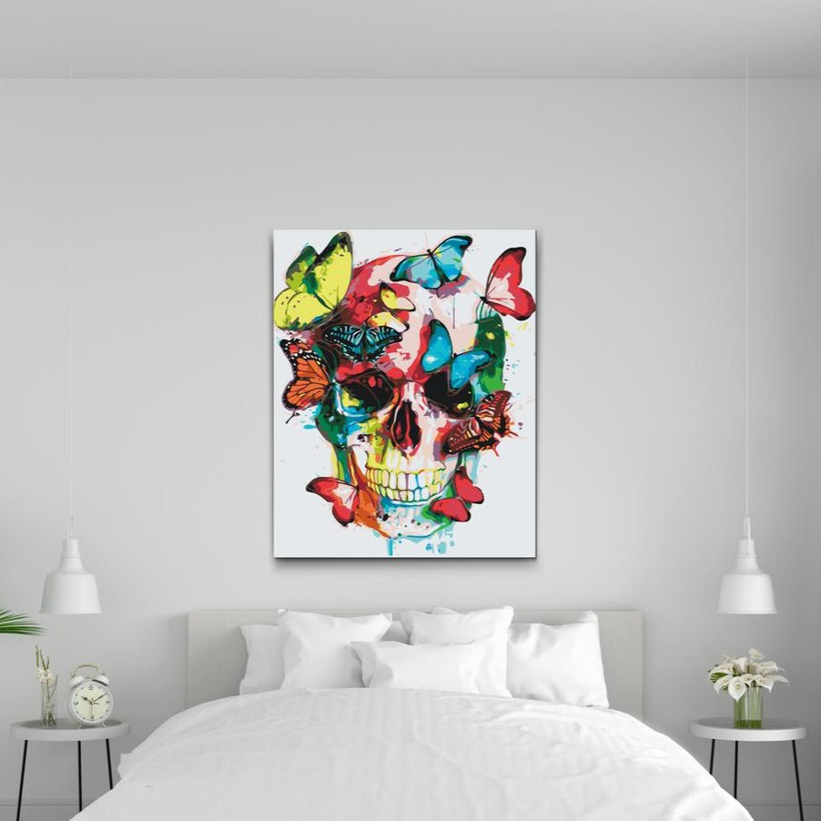 Paint by number for voksne - BUTTERFLY SKULL - med dobbelt maling of indramning.