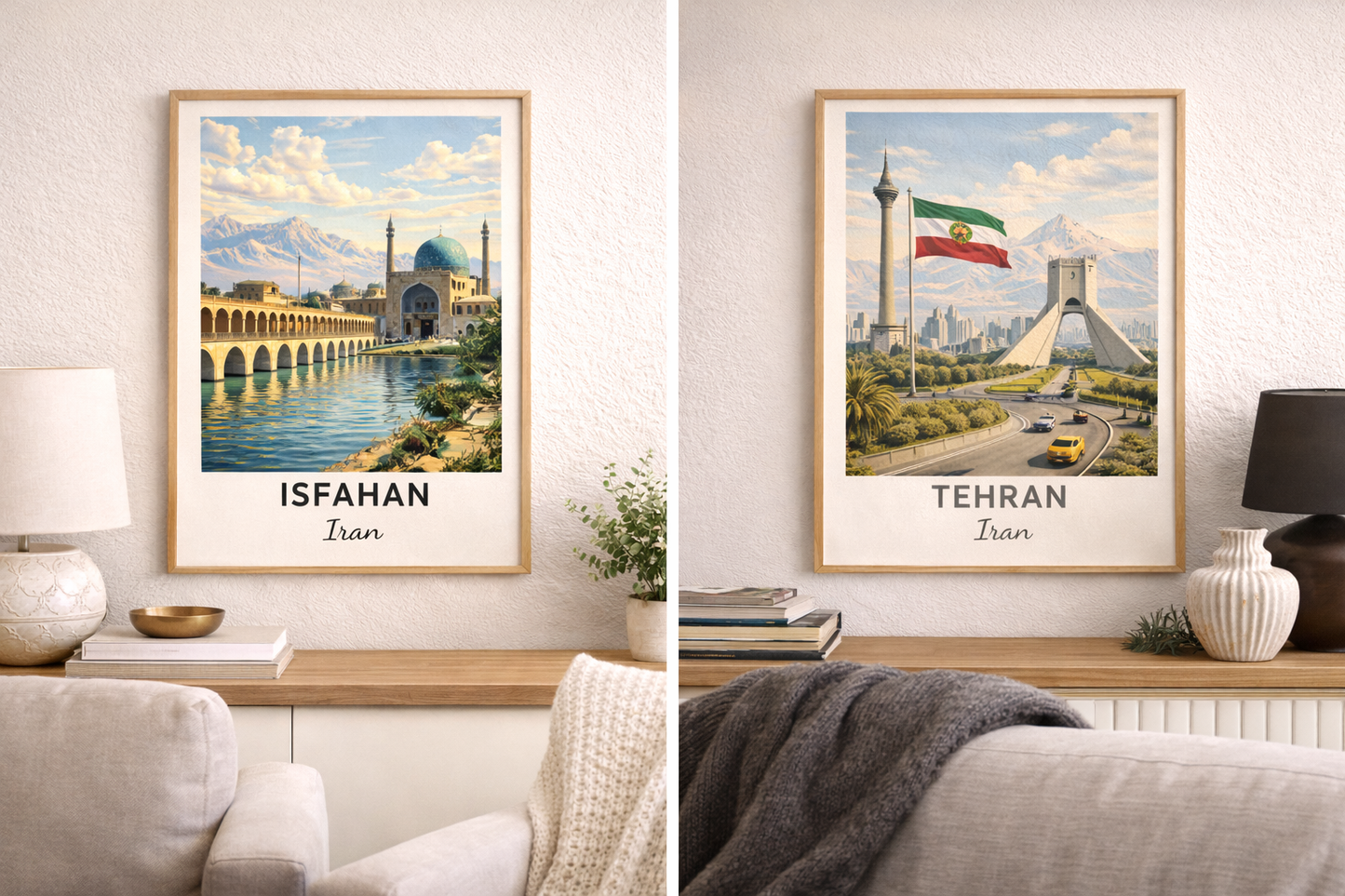 Tehran Iran vintage rejseplakat som mal efter tal – Azadi frihedstårnet og iransk flag i retro stil – overskud til Amnesty Danmark