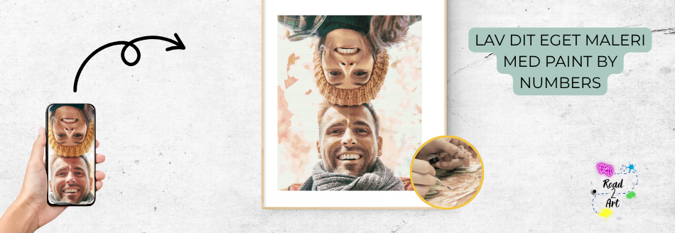 Paint by numbers kit med lærred maling og pensler lagt klar til at lav dit eget maleri