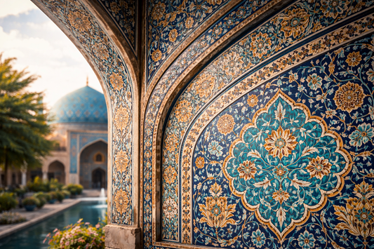 Detalje af persisk mosaik og islamisk arkitektur i Iran med traditionelle blå og turkise flisemønstre