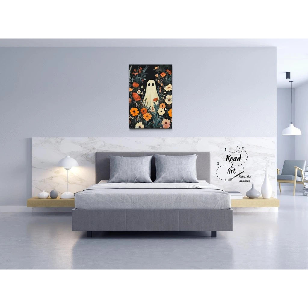 Paint by numbers: sødt spøgelse i blomsterhav, efterår/halloween-motiv