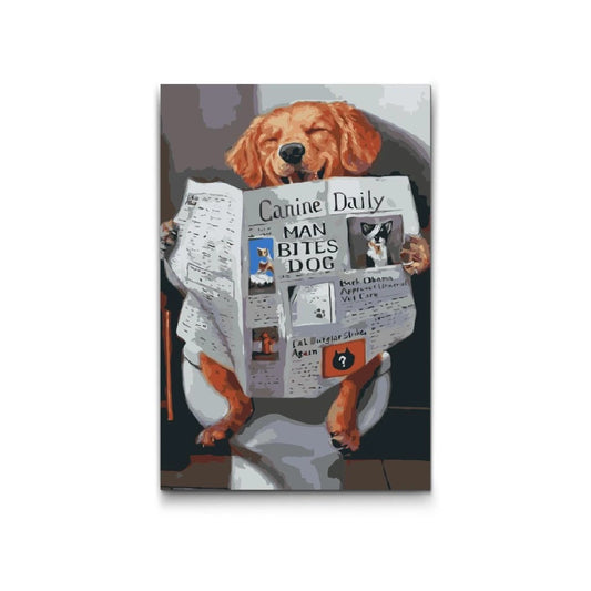Male efter tal – hund læser avis på toilet, humoristisk motiv