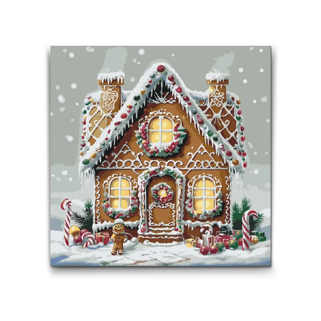 mal efter tal honningkagehus med sne slikstokke og lys i vinduerne