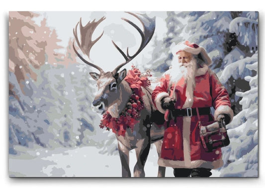 mal efter tal julemand med rensdyr i snedækket skov