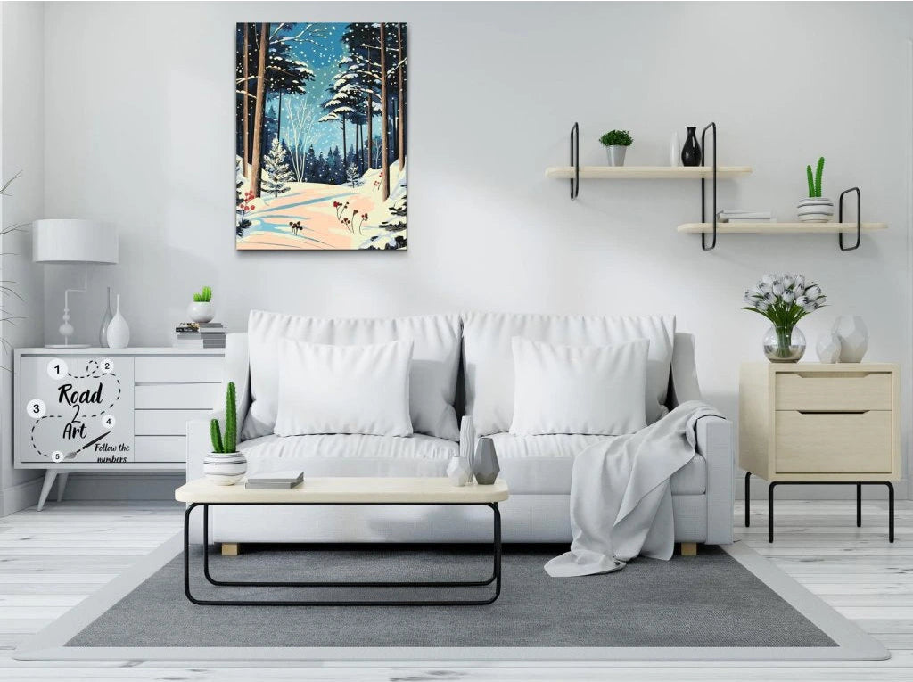 paint by numbers vinterlandskab med sne spor og røde bær