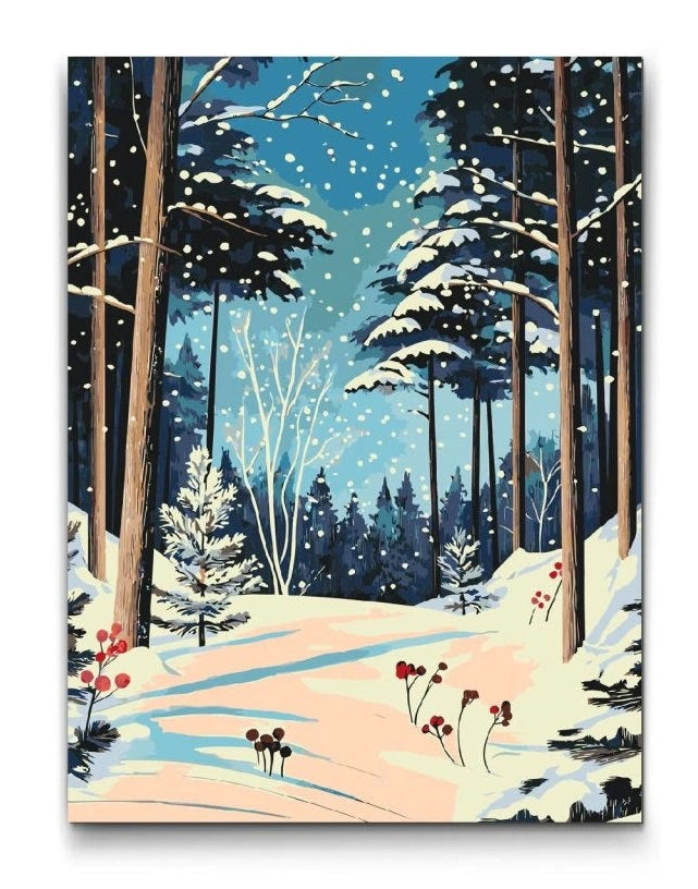 mal efter tal vinterskov med snefald og høje fyrretræer