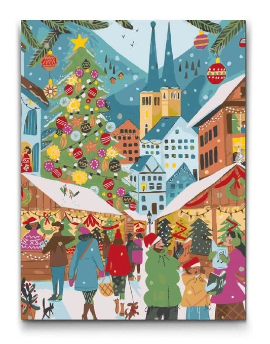 mal efter tal julemarked med boder mennesker og juletræ