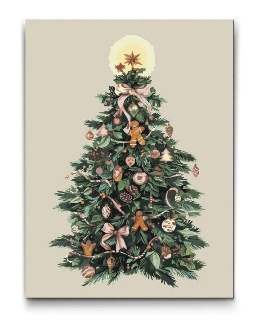 Mal efter tal juletræ med pynt i varme farver