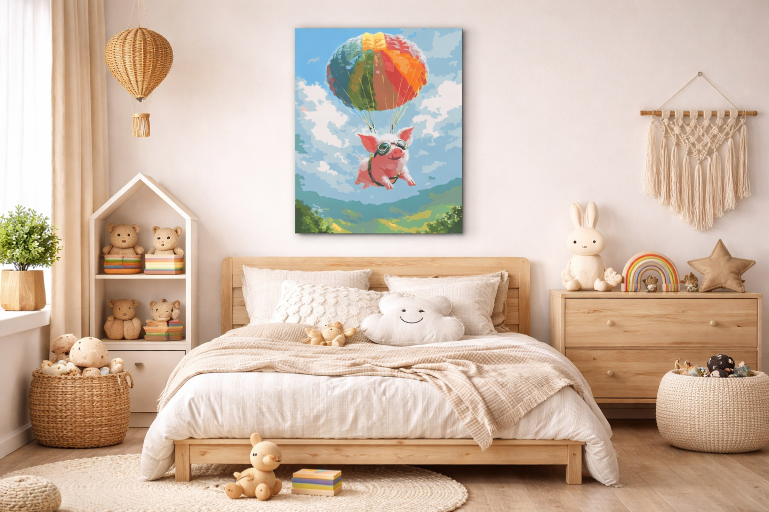 Maleftertal motiv af en flyvende gris med faldskærm over landskab og blå himmel