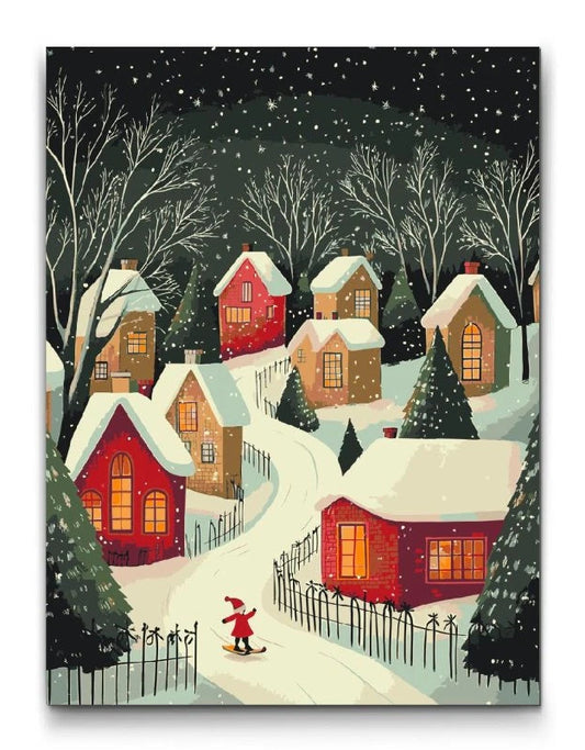 mal efter tal lille juleby med sne og varme vinduer