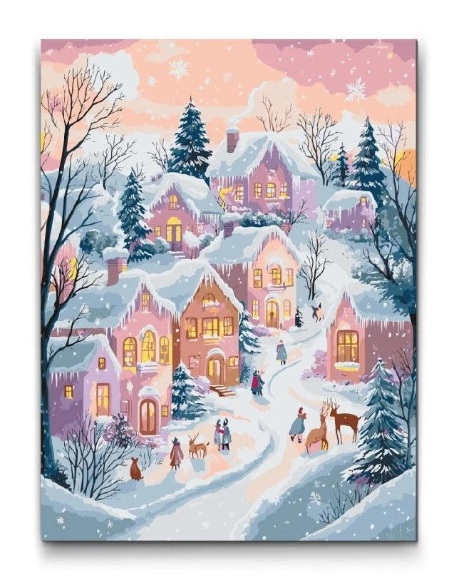 mal efter tal vinterby med sne og lys i vinduerne