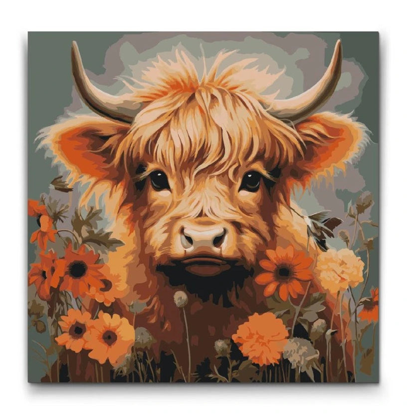 Mal efter tal Highland ko i blomster på lærred