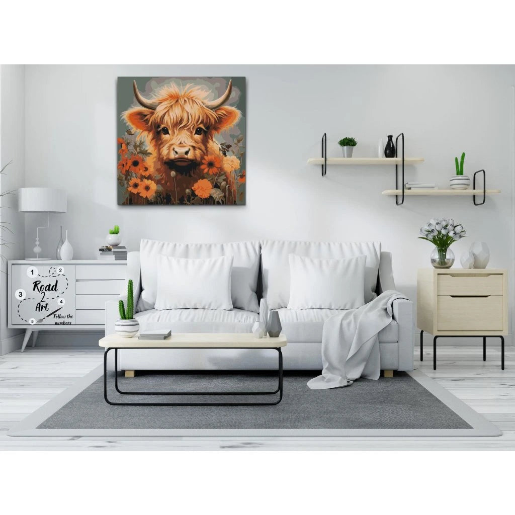 Highland cow paint by numbers med blomster motiv