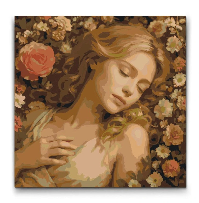 Mal efter tal sovende kvinde i blomster