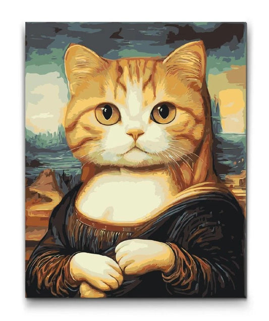 Maleftertal motiv af en kat portrætteret som Mona Lisa i klassisk maleri stil