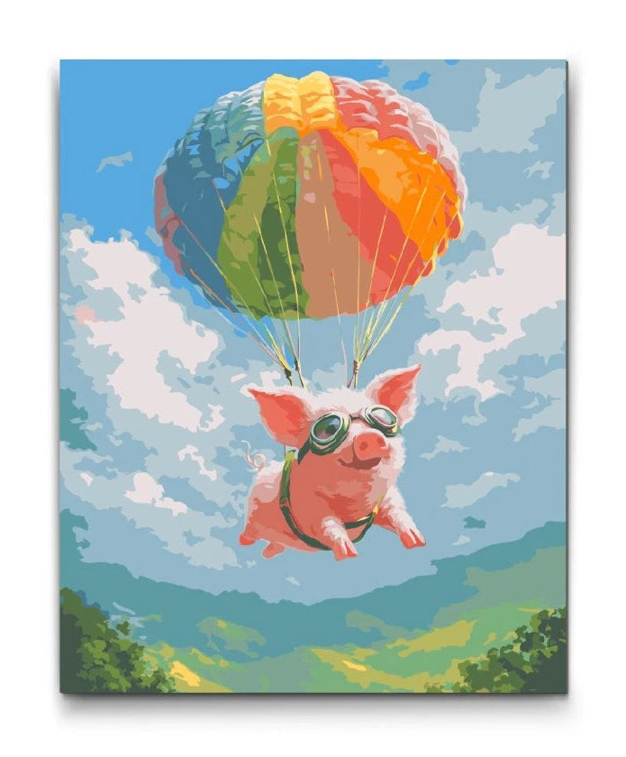 Maleftertal motiv af en flyvende gris med faldskærm over landskab og blå himmel