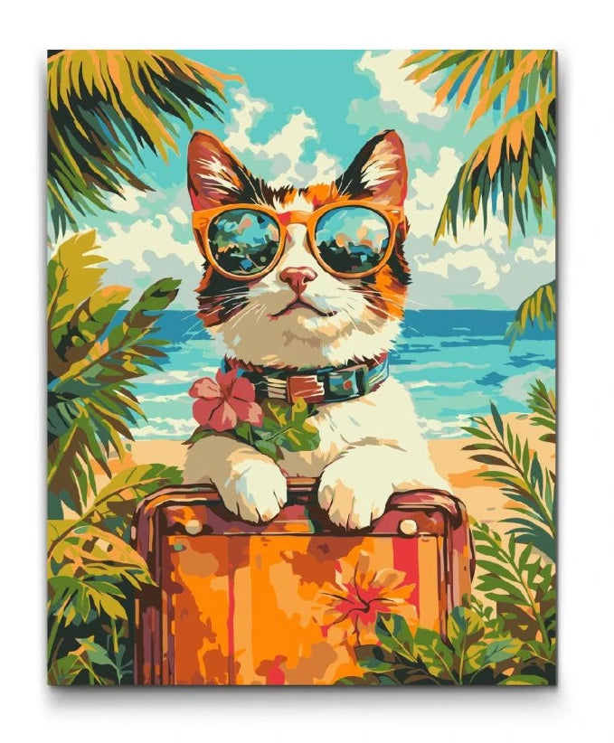 Maleftertal motiv af en kat på ferie med solbriller på stranden og en kuffert omgivet af palmer
