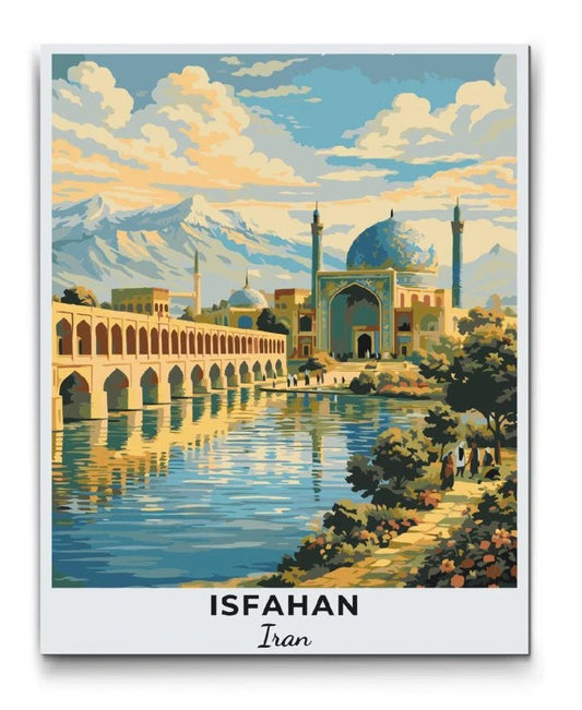 mal efter tal Isfahan Iran bymotiv inspireret af historisk arkitektur, broer og blå kupler i iransk kunststil