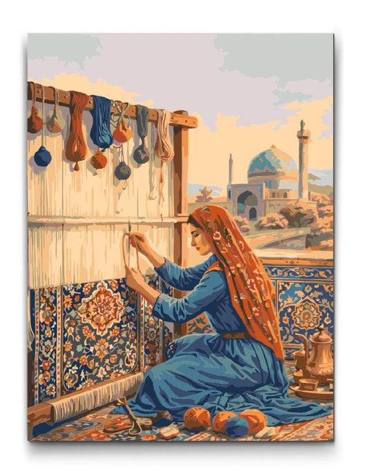 Persisk tæppe tradition mal efter tal – kvinde ved væv med moské i baggrunden – støtter Amnesty International Danmark