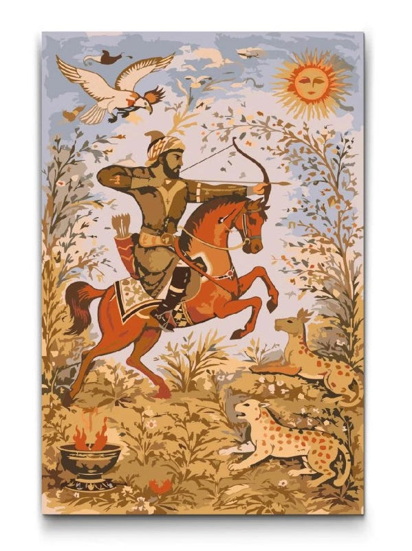 Shahnameh persisk kunst mal efter tal – kriger til hest med bue og pil – støtter Amnesty International Danmark