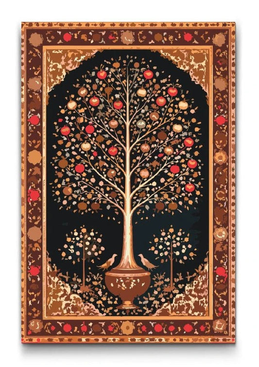 Livets Træ persisk tæppe mal efter tal – granatæbler og fugle i klassisk design – støtter Amnesty International Danmark