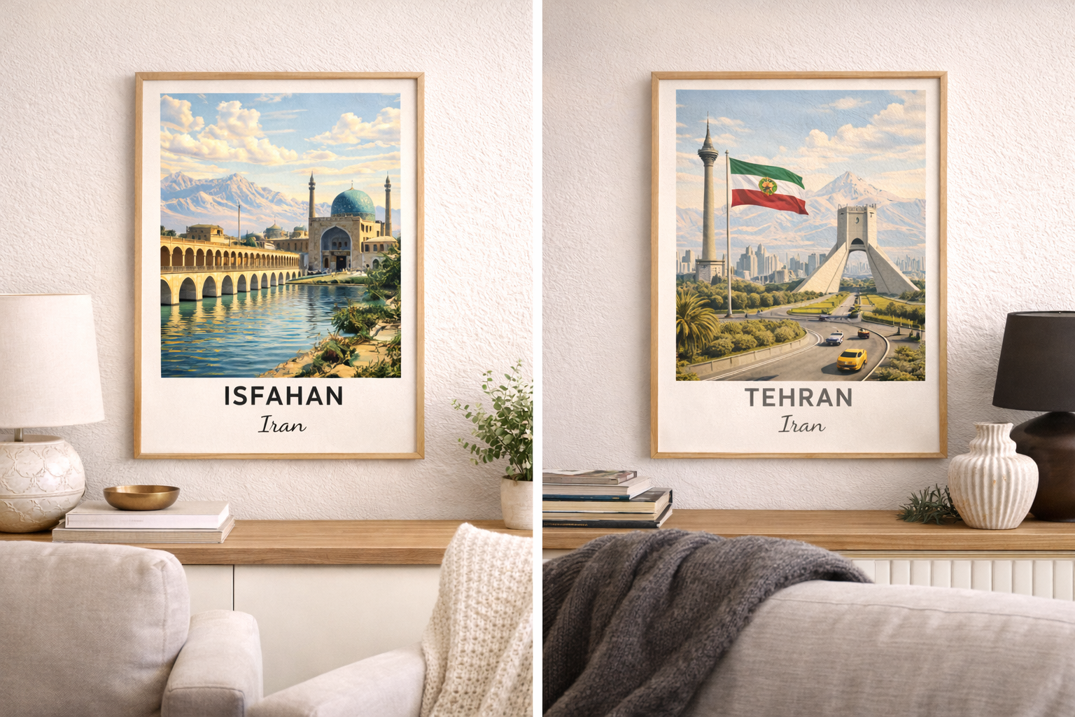 Tehran Iran vintage rejseplakat som mal efter tal – Azadi frihedstårnet og iransk flag i retro stil – overskud til Amnesty Danmark