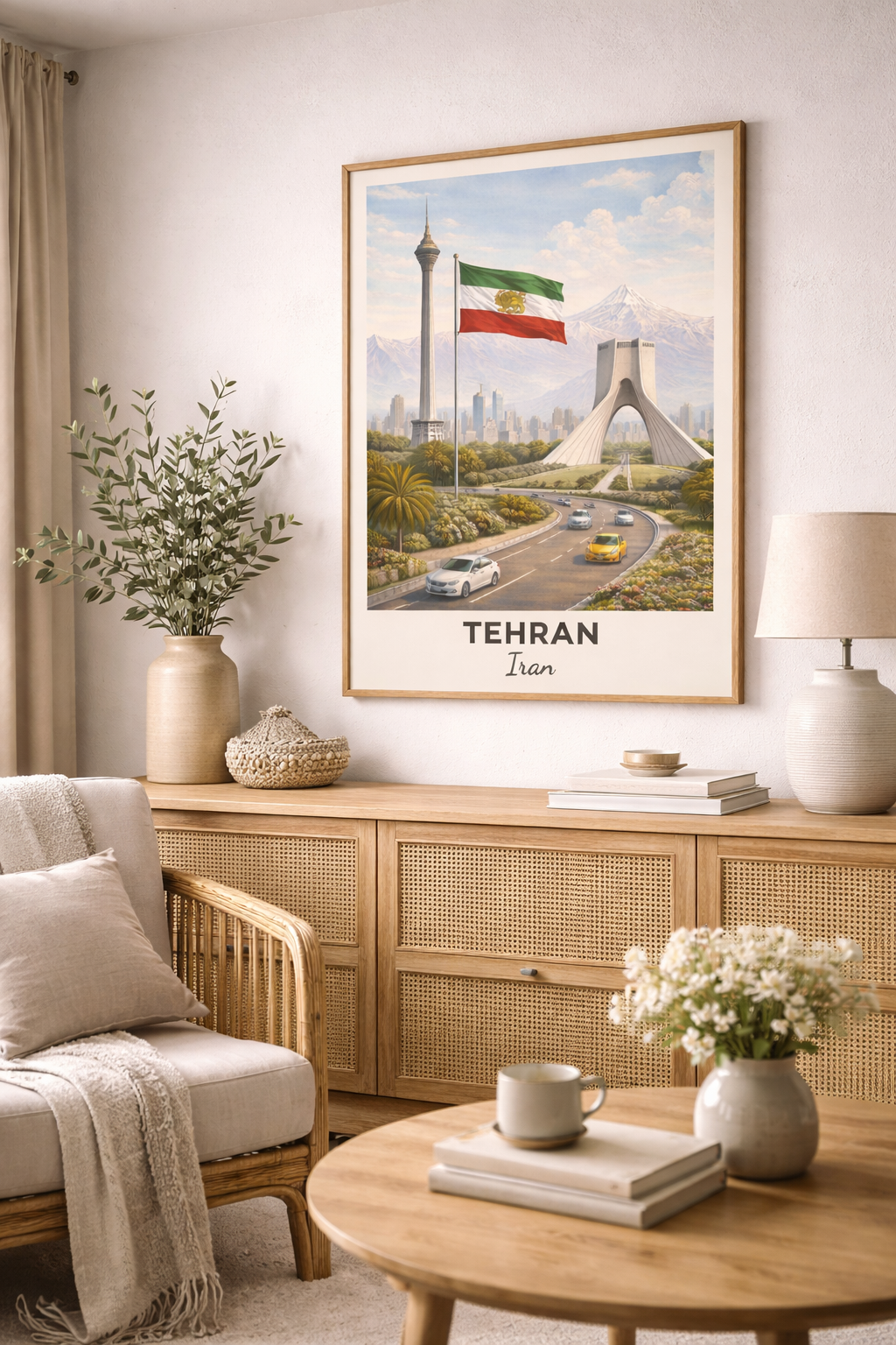 Mal efter tal sæt af Tehran skyline med Alborz-bjergene og Shir-o-Khorshid flaget – persisk kunst der støtter menneskerettigheder i Iran