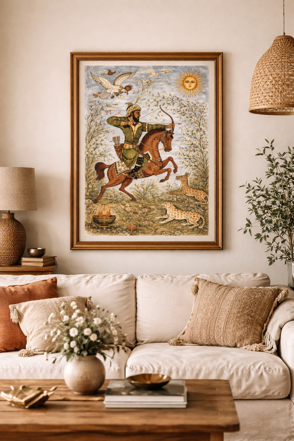 Persisk miniaturekunst mal efter tal – Shahnameh jagtscene med sol og leoparder – Iran solidaritetskampagne