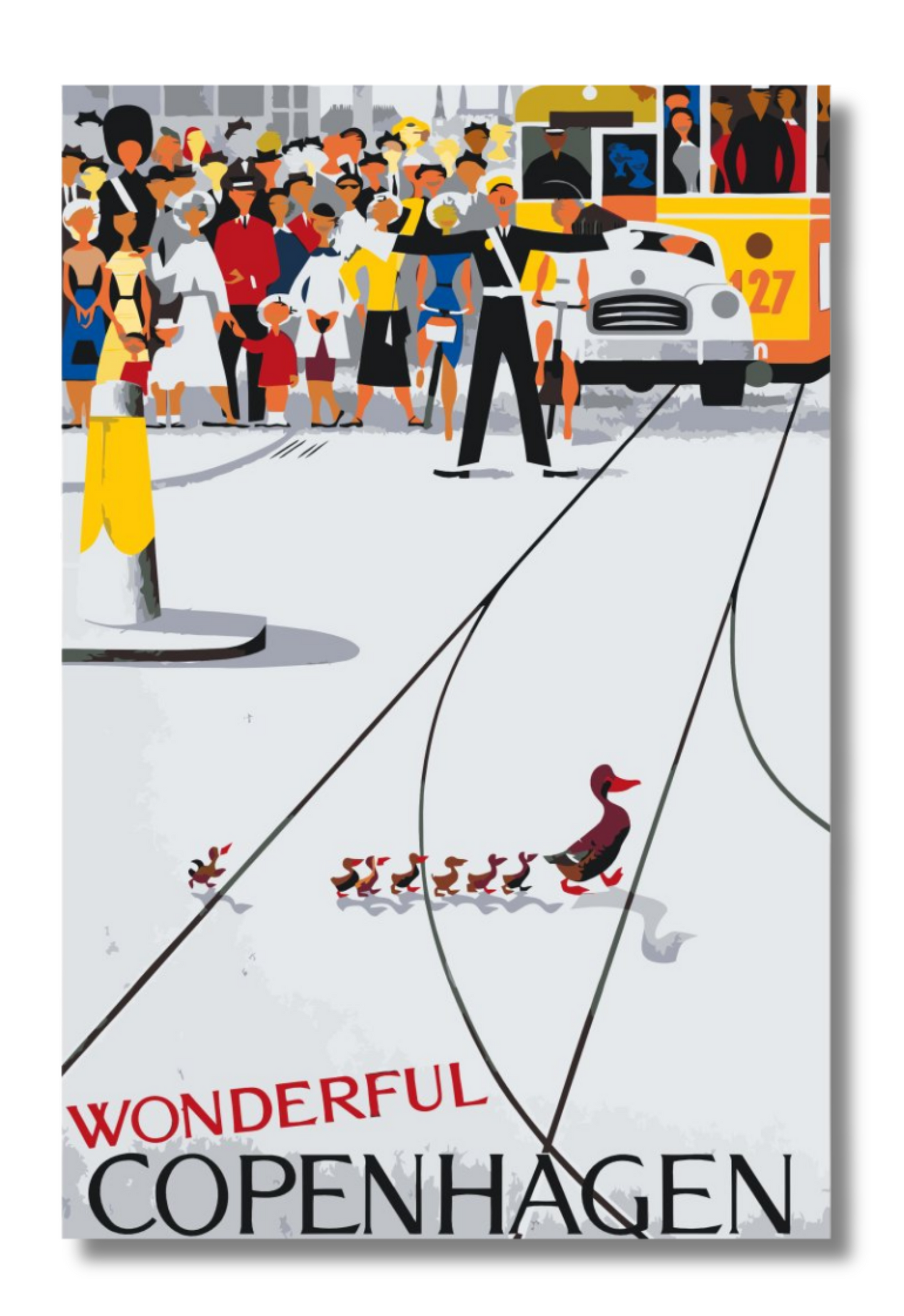 Maleftertal motiv med klassisk Wonderful Copenhagen plakat med sporvogn, mennesker og ænder i byen