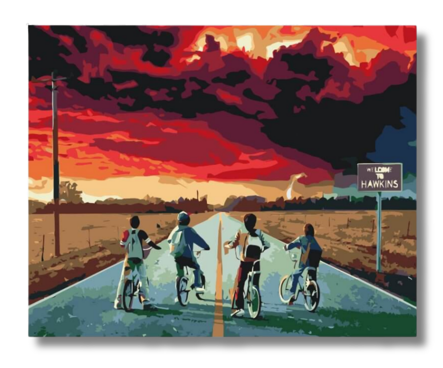 Maleftertal motiv inspireret af Stranger Things med venner på cykler på landevej i solnedgang