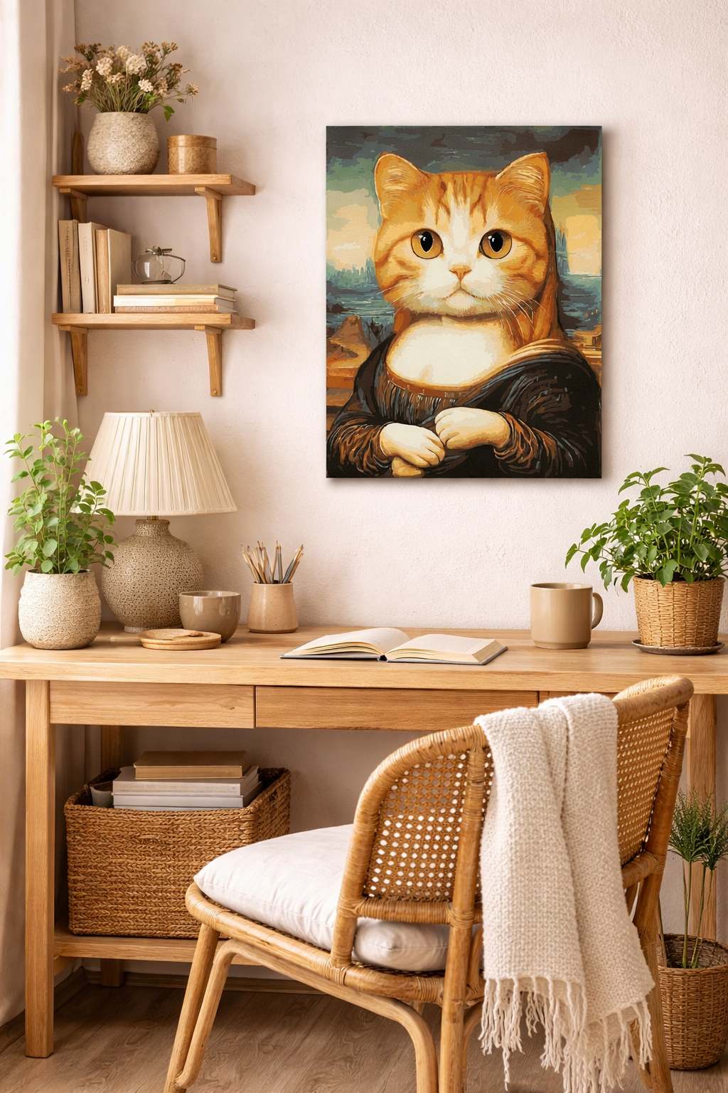 Maleftertal motiv af en kat portrætteret som Mona Lisa i klassisk maleri stil