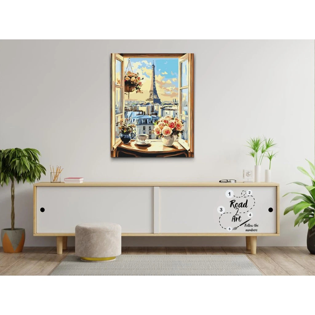 Paint by numbers: Paris-vindue med blomster, kaffekop og tårn